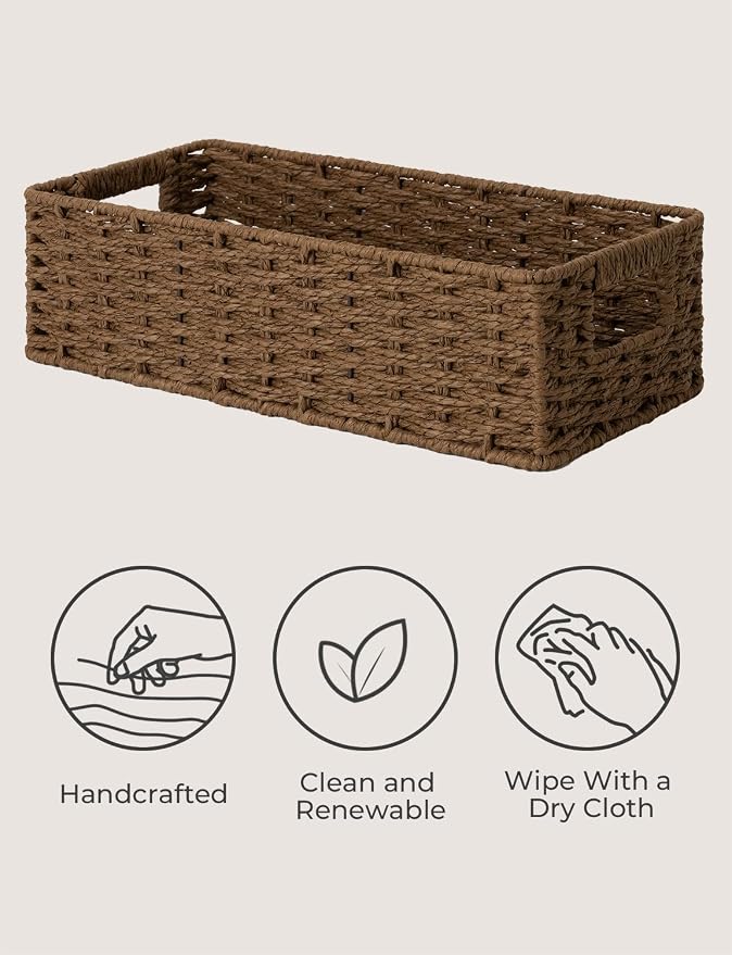 StorageWorks Toilet Tank Tray, Brown Round Paper Rope Bathroom Baskets for Organizing, Toilet Tank Basket, Toilets Organizer with Built-in Handles, 14 ¼"L x 6 ¾"W x 3 ¾"H, 2 Pack