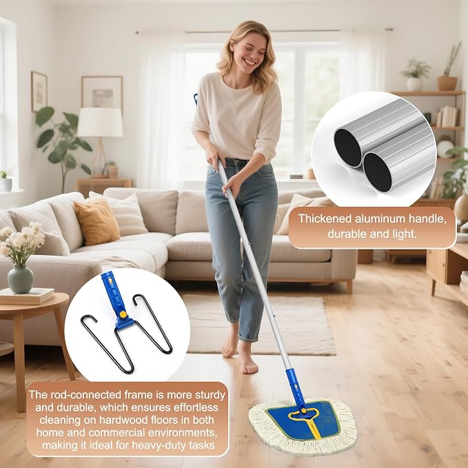 SOBONNE Commercial Dust Mop for Hardwood Floors Cleaning | 2 Reusable Wedge Cotton Mop Pads|61" Long Handle Dry Mop Broom for Walls,Laminate,Vinyl,Tile,Home Floor Duster|Blue