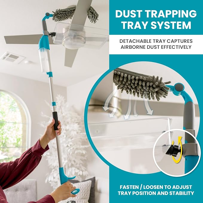 Patented 4-in-1 Ceiling Fan Cleaner Duster. Spray Mop. Wall Cleaner with Sprayer. Duster. Dust Trapping System| Storage Bag & Hook. Lightweight. Reusable. Microfiber
