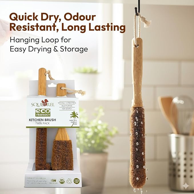 Eco-Friendly Kitchen Cleaning Brush (Twin Pack) - Wood Dish Brush with Coconut Fiber Bristles & Wooden Handle. Kitchen Brush for Bottles, Jars, Mugs, Glassware, and Cup Brush Cleaner