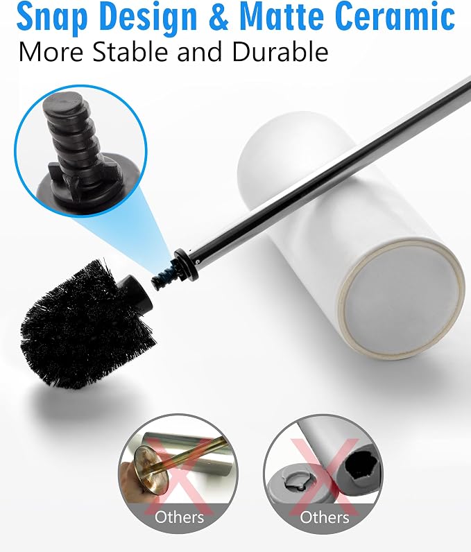 Matt White Ceramic Toilet Brush and Holder Set | Freestanding Toilet Bowl Cleaners Brush, Scrubber Brush for Toilet, Bathroom Accessories with Stainless Handle, Deep Cleaning