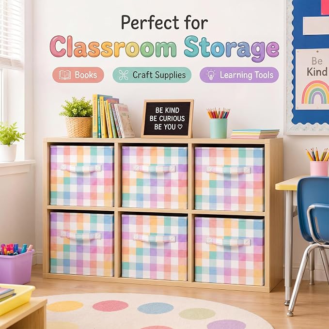 Chunful 6 Pcs 11 Inch Pastel Checked Fabric Storage Cube Bin Woven Foldable Gingham Storage Cube for Classroom Basket Bin Organizer with Handle Decor for Organizing Clothes, Toy, Book