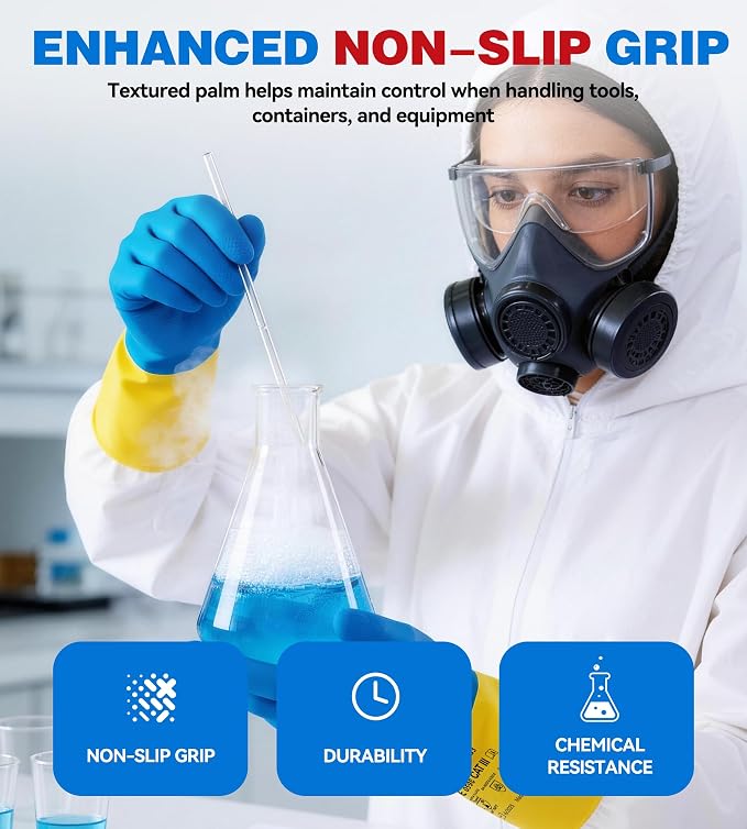 antools 2 Pairs Neoprene and Rubber Blend Heavy-Duty Chemical Gloves, Protective industrial gloves for Resist Acid, Alkali, Hazmat, cleaning, dishwashing, Large