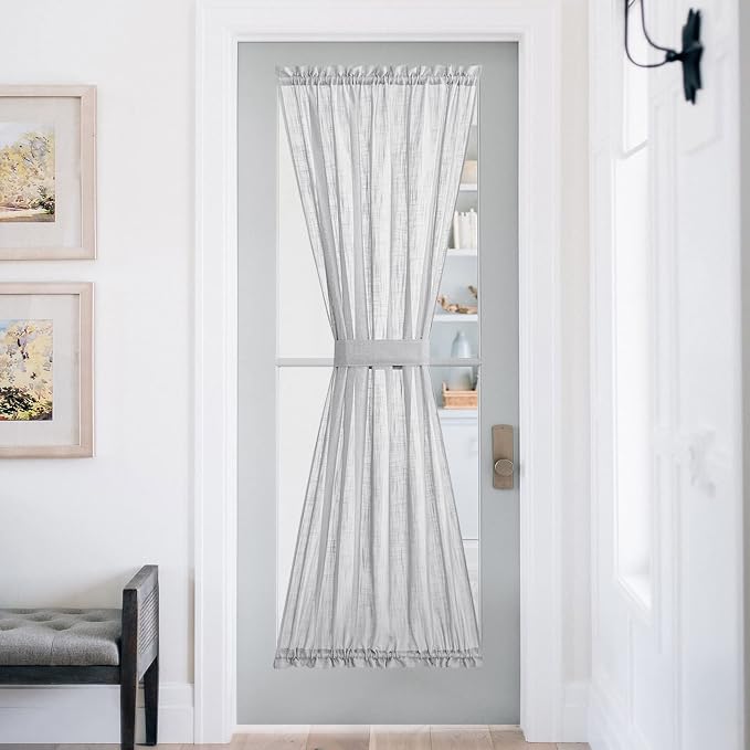 NICETOWN French Door Panel with Tieback - Linen Look Sheer Curtain | Linen Textured Sheer French Door Panel with a Tieback (52 Width x 72 Length, Light Grey, 1 PC)