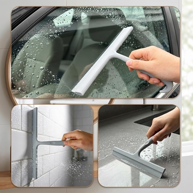 Shower Squeegee for Glass Doors, 8-Inch Silicone, Fishtail Type Hook, Grey | One-piece Silicone, Fishtail Hook, Non-slip Grip and Quiet Glide for Shower Glass, Tile, Mirrors, Windows and Car Glass
