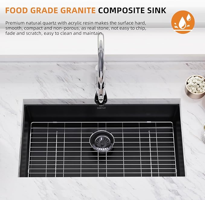 32-inch Granite Composite Kitchen Sink, GABETLET Undermount Quartz Kitchen Sinks with Spacious Workspace and Easy Cleaning, Black Single Bowl Deep Sink with Complete Accessories