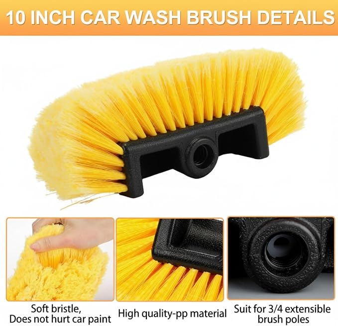 Vesici 1 Pcs Car Wash Brush Head with Soft Detailing Bristle Flow Thru Car Cleaning Brush Exterior Cars Wash Equipment for Auto Truck RV Boat Camper Washing, 10 Inch (Yellow)