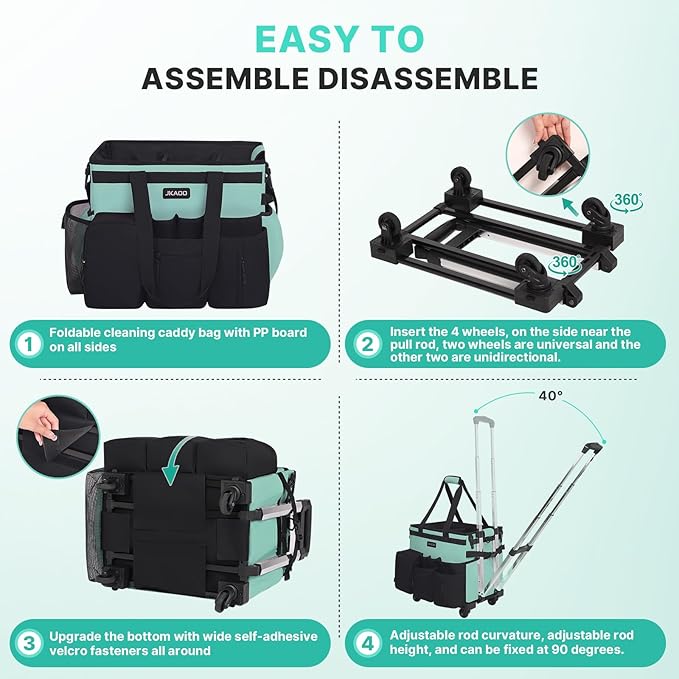 JKAOO Large Rolling Cleaning Caddy Bag with Detachable Trolley, Blue-Green | Waterproof Cleaning Caddy with Wheels, 40L Wheeled Organizer Cart for Supplies, Housekeepers, Home, Office, Car, Picnic
