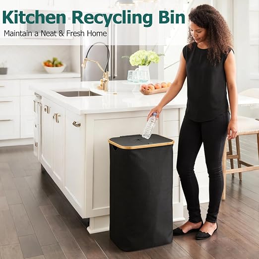 Recycling Bin for Kitchen, 26Gal (100L) Indoor Recycle Trash Can with Lid | Oxford Fabric Large Recycling Bin with 2 Removable Reusable Inner Bags for Bottle Can Glass Plastic Waste, Black