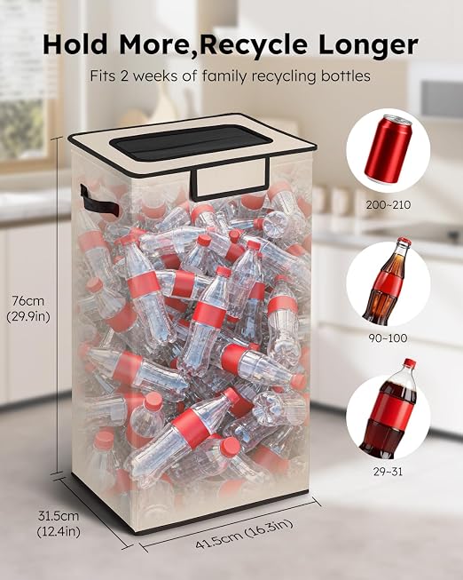 SOLEDI Recycling Bin for Kitchen,26 Gallon Large Recycle Bin with Lid and 2 Removeable Reusable Inner Bags,Indoor Recycling Trash Can for Collector of Bottles Cans, and Plastic,Beige