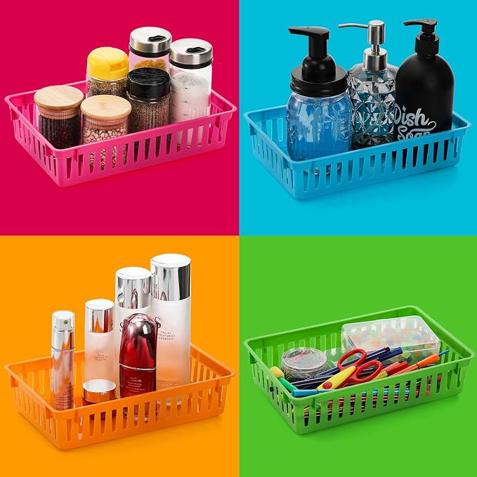 16 Pack Classroom Storage Baskets Bins, Small Plastic Organizer Basket, Colorful Storage Trays, Crayon Pencil Containers for Paper, Desk, Shelf, Home School Office, 10.2" L x 6.5" W x 2.4" H