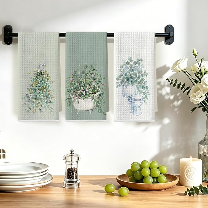 3 Pcs Eucalyptus Hand Towels 24x14 Inch, Botanical Reusable Dish Towels | Waffle Weave Hand Cloth Tea Towel for Kitchen Farmhouse Decor, Green Leaves Gifts for Women Friend