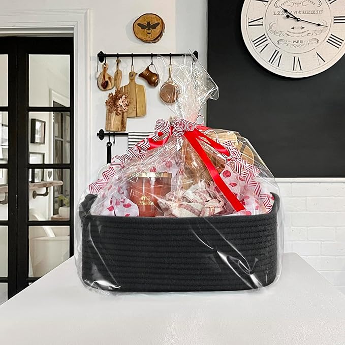 Goodpick 3-Pack Boo Storage Baskets for Closet Organizing, 13 x 8 x 5 in | Woven Baskets for Shelves Fit Bedroom Lving Room, Rope Baskets for Gift Empty, Dog Toy Basket for Pets, Black
