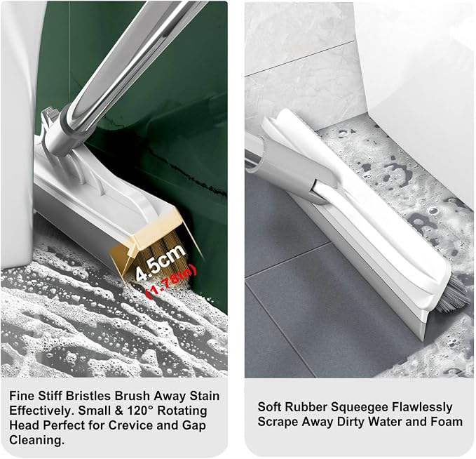 2 in 1 Floor Brush Scrubber with Long Handle Grout Brush 3 Poles 53.5'' New Upgrade Stiff Bristle Cleaning Scrub Brush with Squeegee 120°Rotating Tile Brush for Cleaning Bathroom Glass Patio Kitchen