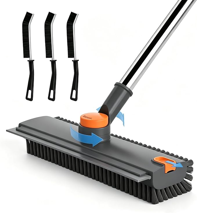Floor Scrub Brush with Long Handle, 3 in 1 Floor Scrubber, Heavy Duty Stiff Bristle Squeegee Broom for Cleaning Shower Bathroom, Tile, Patio, Pool, Garage, Kitchen and Deck, Grey