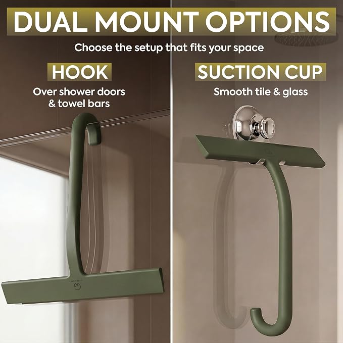 Shower Squeegee for Glass Doors, 10″ Green with No-Drill J-Hook | Hang Anywhere Without Adhesive, Seamless One-Piece Silicone, Encased Steel Core, Streak-Free Shower Squeegee for Glass & Tile