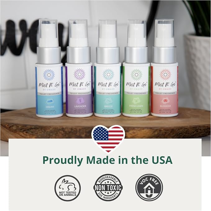 Mist N’ Go by Omaze Travel Bathroom Spray for Toilet Spray Odor Eliminator - Travel Toilet Spray for Bathroom Air Freshener Spray for Bathroom Deodorizer - Blossom Travel Size (1oz x3)