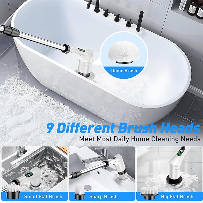 Electric Spin Scrubber for Bathroom Shower Scrubber with Long Handle | Dual Speed Cordless Power Cleaning Scrub, 9 Brush Heads, IPX7 Waterproof LCD Display Cleaner Tools for Tub Tile Grout Wall