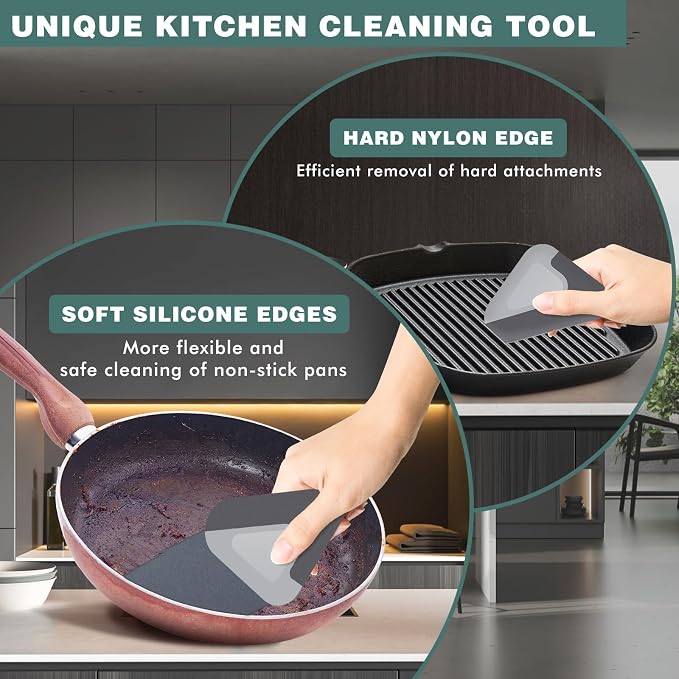 Food Scraper Dish Scraper for Cast Iron Skillets, Cookware, Pans and Pots | Nylon and Silicone, 2-in-1 Kitchen Scraper Tools, Pan Scraper, Heat resistant to 140 ℉, 3 Pack