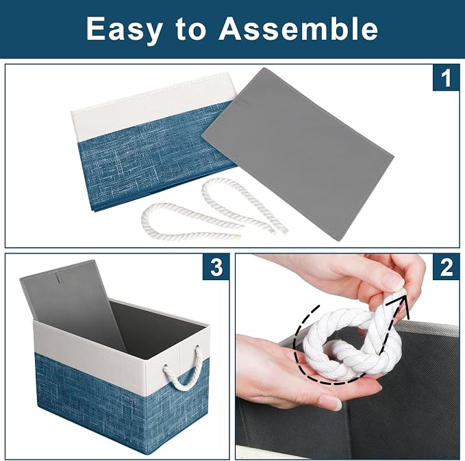Storage Bins 6-Pack, Foldable Storage Baskets for Organizing Toys, Books, Shelves, Closet, Large Storage Box with Rope Handles, Sturdy Organizer Bins, White & Blue