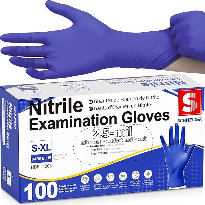 Schneider Medical Nitrile Exam Gloves, Powder & Latex Free, Darkblue | Disposable for Medical Exams, Cooking, Food Prep, Cleaning, Home, Household Use