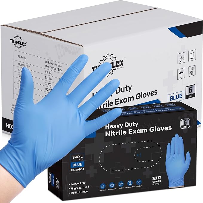 Nitrile Exam Gloves, Blue, 6-mil, Heavy Duty Nitrile Gloves, Mechanic Disposable Gloves, Latex Free, Powder Free