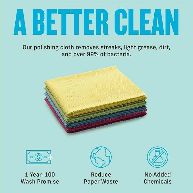 E-Cloth Glass & Polishing Cloth - Reusable & Durable Glass Cleaner - 4 Pack | Cleaning Towel Cloth for Windows, Cars, Mirrors, Eyeglasses, & More, Streak Free Clean, Machine Washable, Assorted Colors