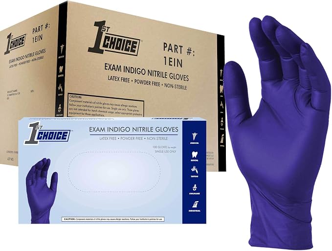 1st Choice 3 mil Disposable Indigo Nitrile Exam Gloves for Medical, Salon | Dentist, Esthetician, and Household Chores, Bulk Purchasing Options Available, Suitable for Use with Hair Dying Chemicals