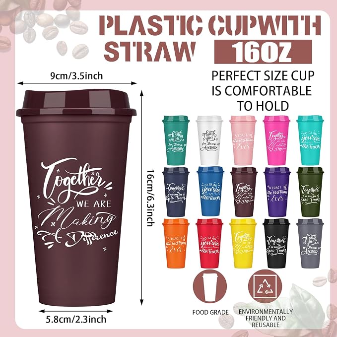 Pickmesh Housekeeping Employee Appreciation Gift Cup, Colorful, 15 Pcs | 16 oz Plastic Tumblers with Lids, Reusable Coffee Cups, Thank You Gifts, for Staff Volunteer Coworker Teacher