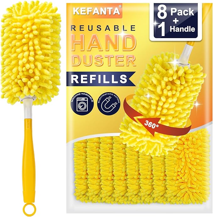 KeFanta Reusable Duster Refill for Swiffer, 8Pcs with 1 Handle | 360° Heavy Duty Duster Refills , Washable Microfiber Dusters for Cleaning
