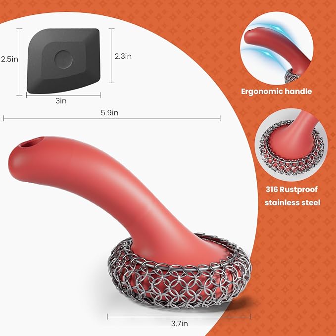 Cast Iron Scrubber with Long Handle Dish Scouring Pad Chainmail Cleaner | 316 Cast Iron Scrubber for Pan Skillet, Dishwasher Safe Cleaning Kit (Red, 1 Scrubber + 1 Scraper)
