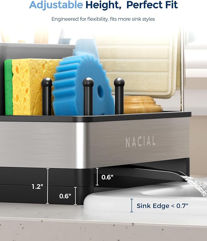 Nacial Kitchen Sink Organizer, Sink Caddy with Sponge & Tall Brush Holder | 304 Stainless Steel Kitchen Countertop Organizer with Double-Bar Towel Holder, Stores Sponge, Brush, Towel & Sink Essentials
