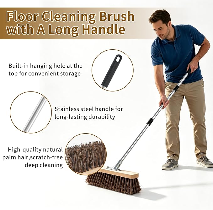 Heavy Duty Deck Brush with Long Handle, 54" Adjustable Stainless Steel Handle, Stiff Natural Palmyra Bristles, Outdoor Scrub Brush for Concrete Patio Garage Tile Floor Sidewalk Cleaning