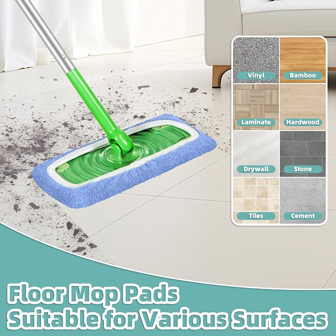 Reusable Mop Pads for Swiffer Sweeper Mop, Microfiber Dry Sweeping Cloths | Machine Washable Wet Pads Refill for Use on All Sealed Floors - Stone, Hardwood, Laminate & Tile (6 Blue)