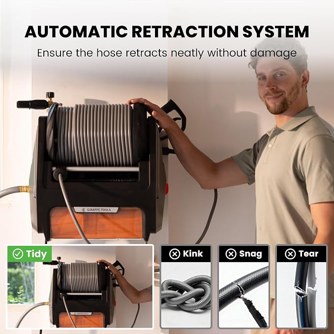 Giraffe Tools Retractable Wall Mount Pressure Washer Pro with 100FT Hoses | 2900 PSI, 2.2 GPM Electric Power Washer with 1800W Motor, Automatic Rewind, 4 Nozzles, Foam Cannon for Cars/Fences/Patios