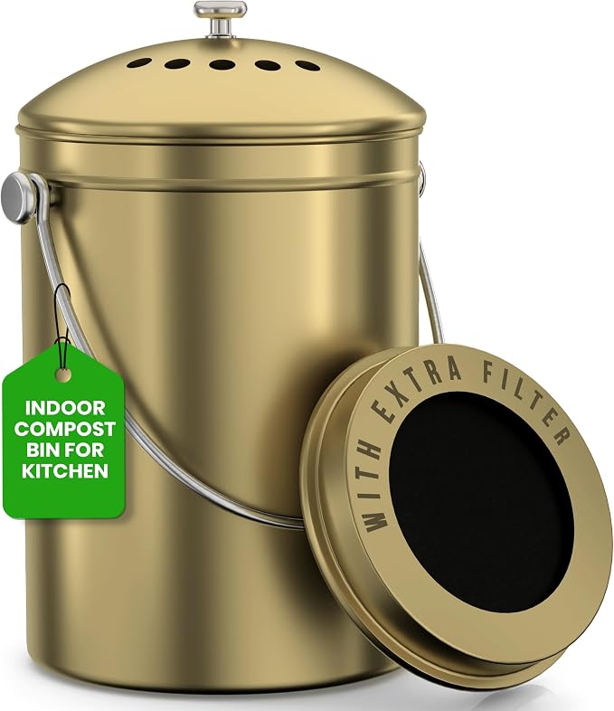 Utopia Kitchen Countertop Compost Bin 1.3 Gallon, Stainless Steel, Gold | Odorless countertop compost bin with charcoal filter, ideal for food scraps and waste