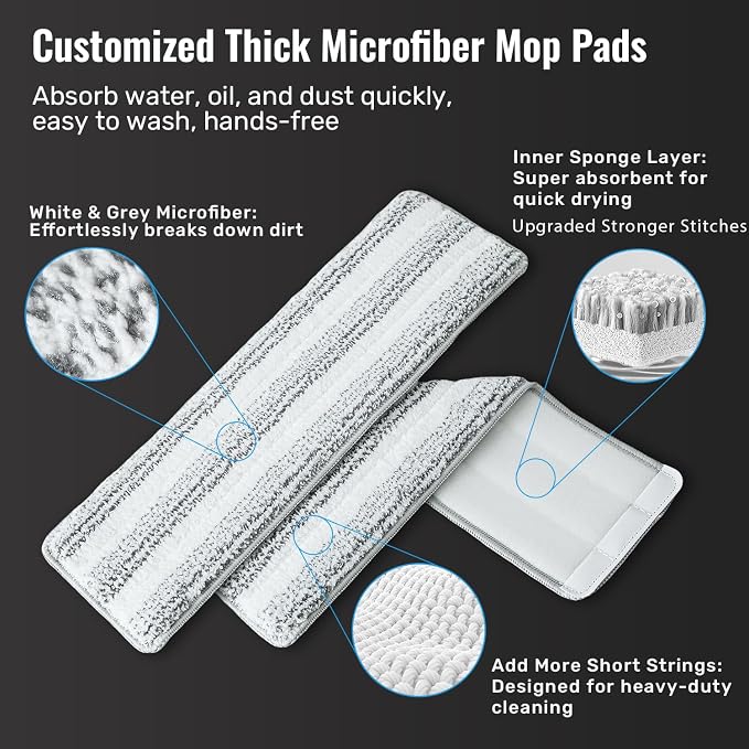 HoMettler 3-Tank Transparent Mop and Bucket Set with Separate Dirty & Clean Water, 65" Flat Mop for Floor Cleaning, 4 Machine Washable Microfiber Pads for Wood Tile - Black