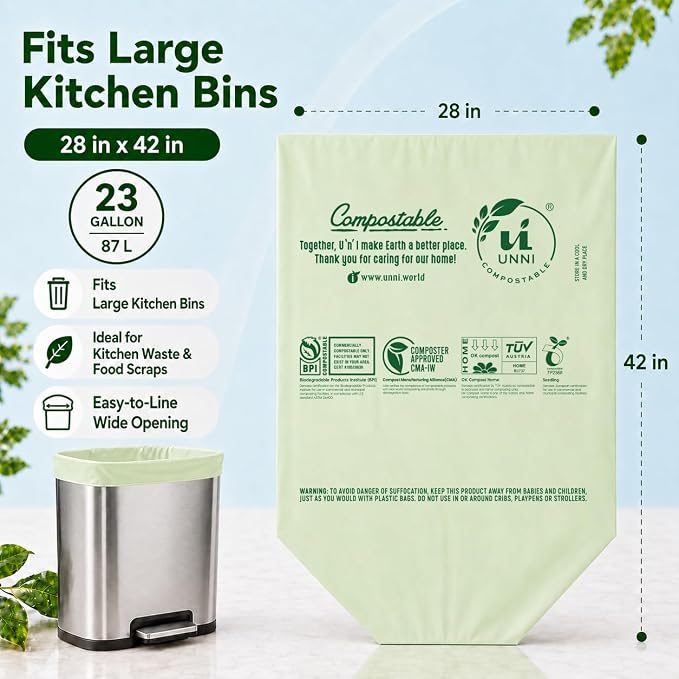 UNNI 20-23 Gallon Compostable Bags, 30 Count, 87 Liter, Extra Thick 1.0 Mil | Large Compost Bags for Commercial Kitchens & Food-Service Scrap Bins, BPI, CMA & OK compost HOME Certified, Meets ASTM D6400