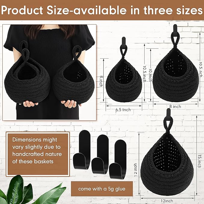 3 Hanging Baskets,Black,Teardrop,Cotton Rope | Wicker Wall Baskets with Hooks for Fruit Vegetable Onion Storage, Teardrop Organizer for Kitchen, Boho Farmhouse Decor