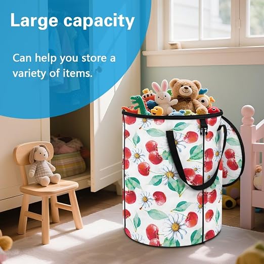 BIGCARJOB Daisy Cherry Foldable Trash Can Outside Waste Basket Bin Water Resistant Garbage Bag Recycling Bin Trash Can with Lid and Clip(23 Gallons), 22.83x17.71 in