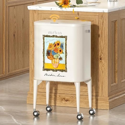 MRBIN Metal Motion Sensor Kitchen Trash Can with Wheel Legs, 36L / 9.5gal Slim Waste Basket with Lid, Pet Proof Tall Narrow Garbage Pail for Vanity, Bedroom, Bathroom, Living Room, Sunflower