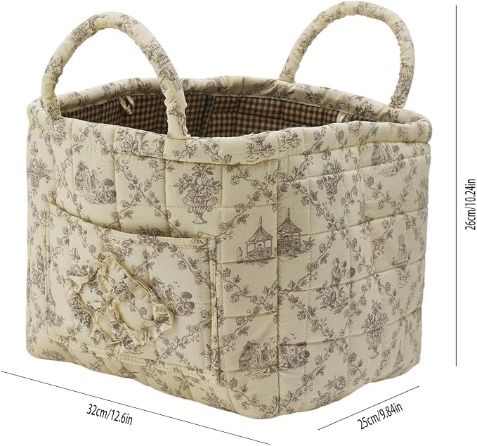 Quilted Fabric Storage Basket with Handles & Pocket, Foldable Laundry Hamper Boho Floral Print Organizer Bin for Home, Picnic, Office 12"x10"x10" (B-1)