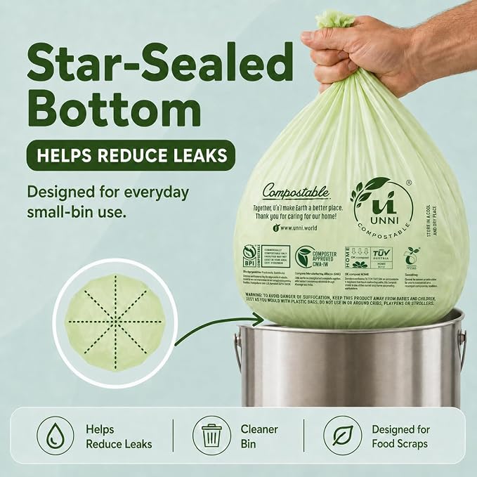 UNNI 4 Gallon Compostable Bags, 100 Count, 15 Liter, Extra Thick 0.75 Mil | Small Compost Bags for Kitchen Food Scrap Bins & Compost Caddies, Certified by BPI, CMA & OK compost HOME, Meets ASTM D6400