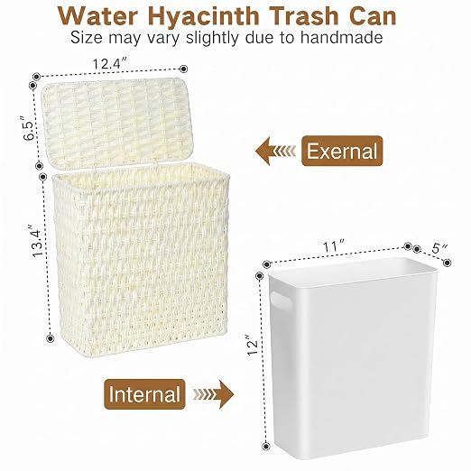 iEGrow Paper Rope Trash Can,Bathroom Trash Can with Lid, 3 Gallon Wicker Waste Basket with Removable Liner, for Bedroom, Living Room, Toilet, Under Sink Creamy White