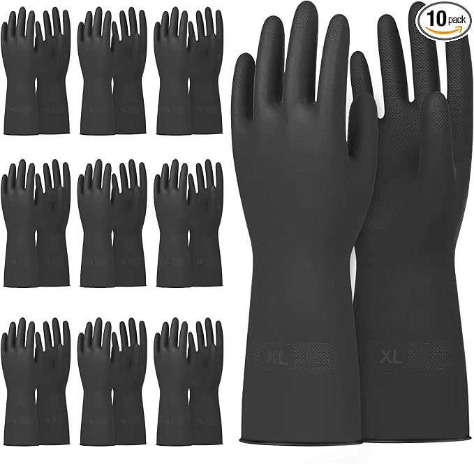Beieverluck 10 Pairs Chemical Resistant Gloves, Reusable Heavy Duty Rubber Work Gloves with Textured Palm, Black Cleaning Dishwashing Gloves, X-Large