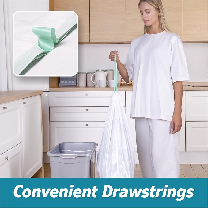 8 Gallon Drawstring Garbage Bags 0.8 Mil Ultra Strong Medium Kitchen Trash Bags Medium Plastic Bags - Individual, Unscented, White, 23"x27", 50 Count
