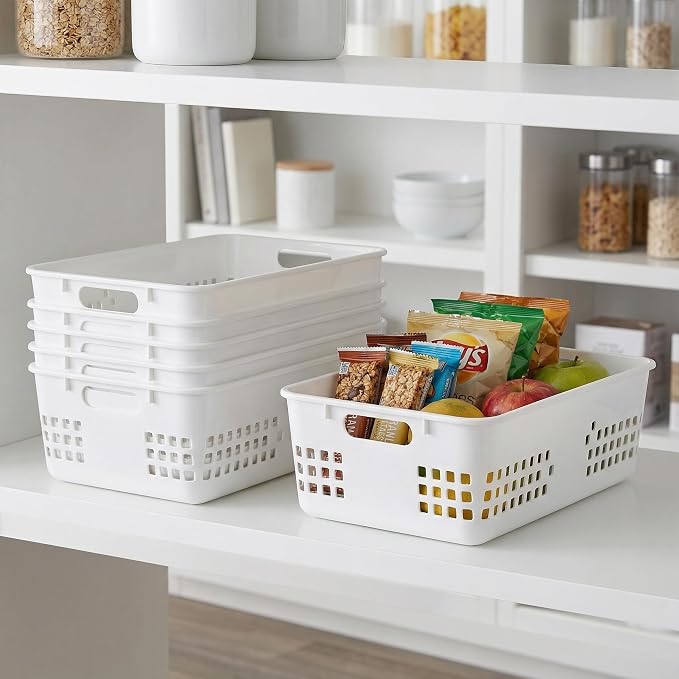 Jucoan 6 Pack White Plastic Storage Baskets, 12 X 8 X 4 Inch Large Plastic Storage Organizer Tray Bin with Handles for Classroom, Drawer, Closet, Bathroom Kitchen