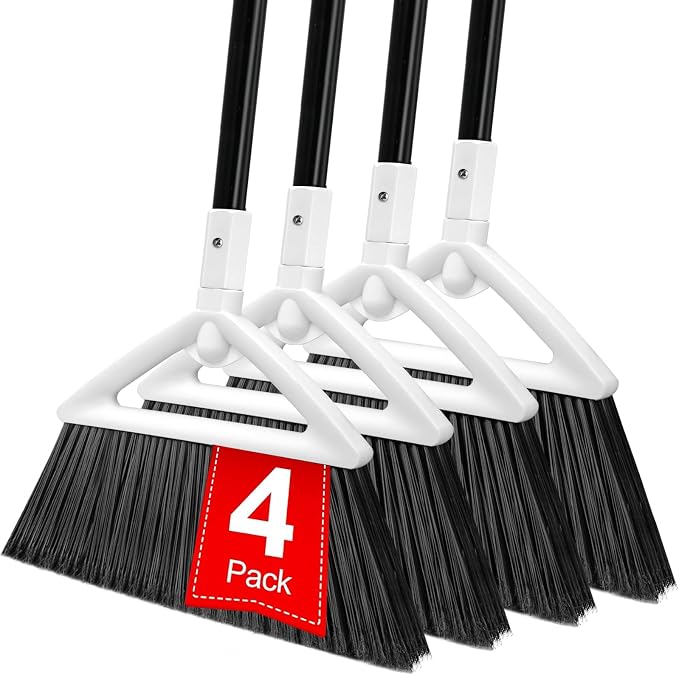 Heavy Duty White Angle Broom with Long Handle - 4 Pack | Versatile Indoor/Outdoor Sweeping, for Courtyard/Garage/Sidewalk/Kitchen/Lobby/Canteen, Durable & Efficient