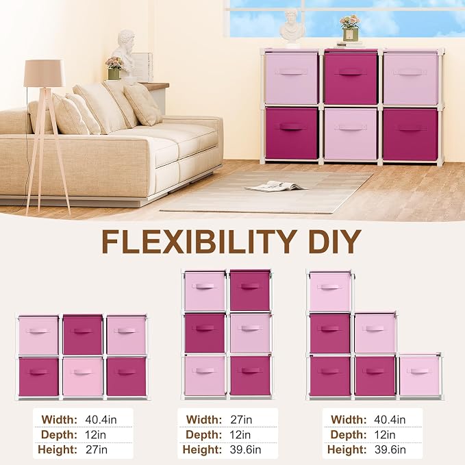 Briwooody 6 Cube Storage Organizer Bins with Shelf, Pink,Rose | 11x11'', Storage Organizer, Toy Storage Box, Back to School, Dorm Organizer, Fabric Drawers, Playroom Bedroom Storage Cabinet
