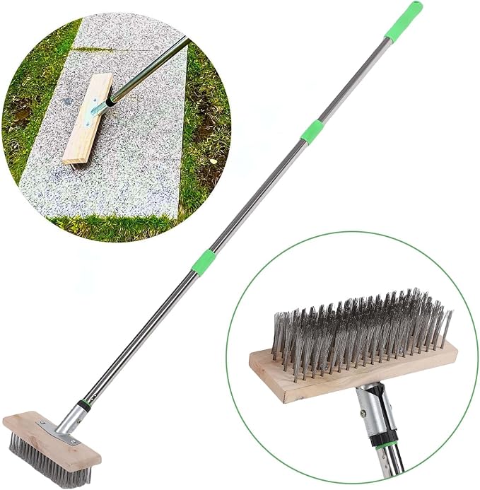 Stainless Steel Floor Scrubber Deck Wire Scratch Scrub Brush Moss Remover for Outdoor Heavy Duty with Long Handle
